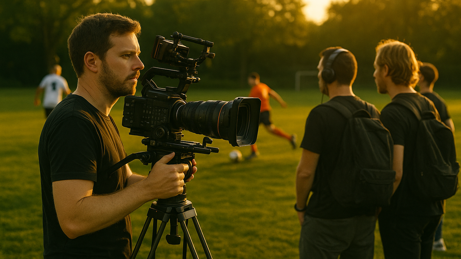 Director of Photography filming a live football match at sunset with a professional camera and crew on the sideline