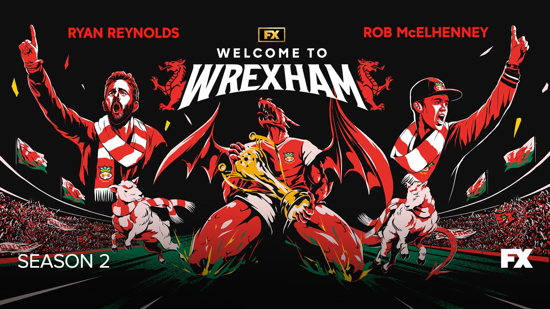 Welcome to Wrexham Season 2 promotional artwork featuring Ryan Reynolds and Rob McElhenney